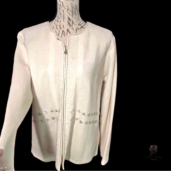 Nygard Collection Sparkling Embellished Full Zip Boiled Wool Cream Cardigan L - Picture 8 of 11